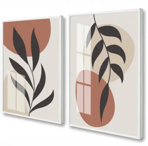 Kit 2 Quadros Decorativos Modernos Folhagem Moldura e Vidro