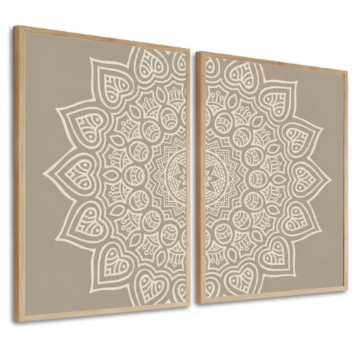 Kit 2 Quadros Decorativos Modernos Mandala Bege Boho Moldura