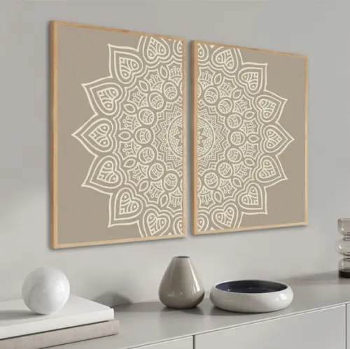 Kit 2 Quadros Decorativos Modernos Mandala Bege Boho Moldura