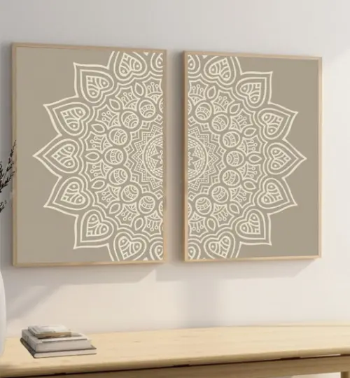 Kit 2 Quadros Decorativos Modernos Mandala Bege Boho Moldura
