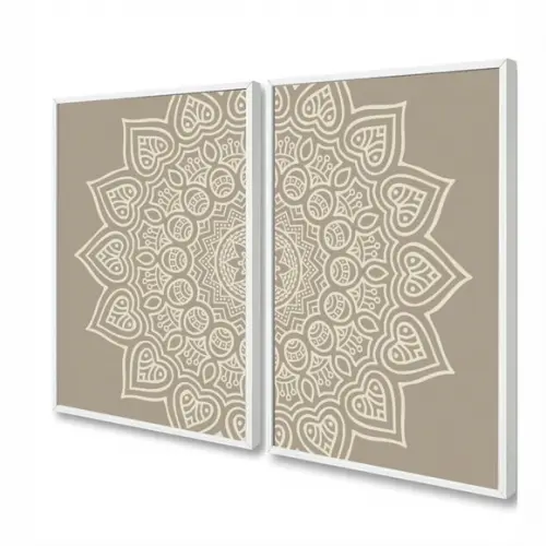 Kit 2 Quadros Decorativos Modernos Mandala Boho Bege Moldura