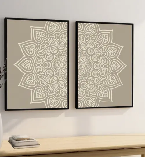 Kit 2 Quadros Decorativos Modernos Mandala Boho Bege Moldura