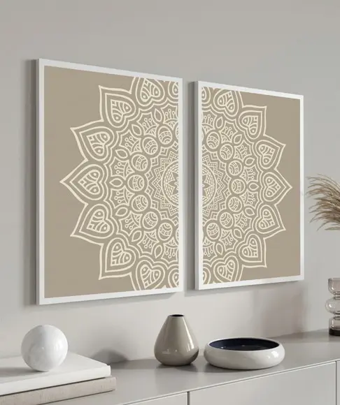 Kit 2 Quadros Decorativos Modernos Mandala Boho Bege Moldura