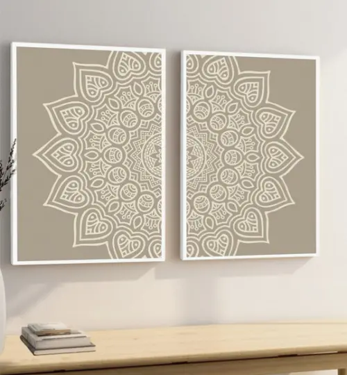 Kit 2 Quadros Decorativos Modernos Mandala Boho Bege Moldura