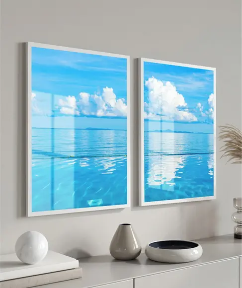 Kit 2 Quadros Decorativos Modernos Mar Azul Moldura e Vidro