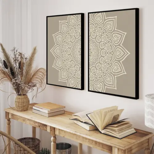 Kit 2 Quadros Decorativos Modernos Mandala Boho Bege Moldura