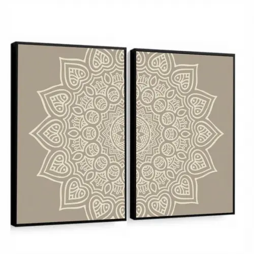 Kit 2 Quadros Decorativos Modernos Mandala Boho Bege Moldura