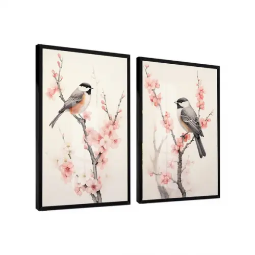 Kit 2 Quadros Decorativos Modernos Pássaros Flores com Vidro