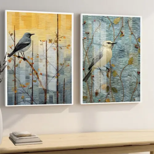 Kit 2 Quadros Decorativos Modernos Pássaros Moldura e Vidro