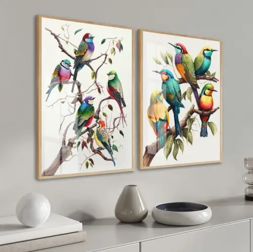 Kit 2 Quadros Decorativos Modernos Pássaros Moldura e Vidro