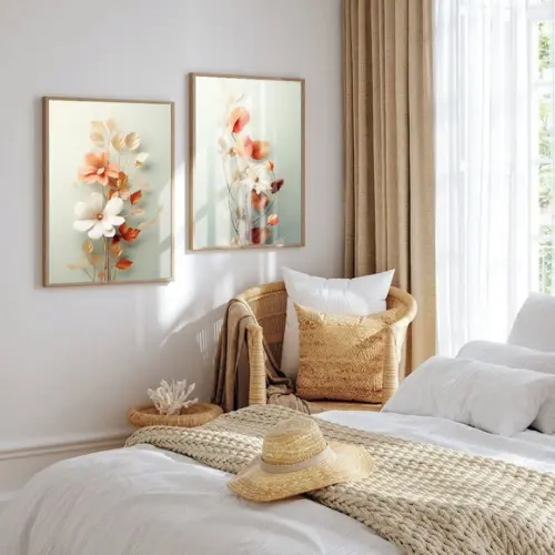 Kit 2 Quadros Decorativos Modernos Sala Flores Moldura Vidro
