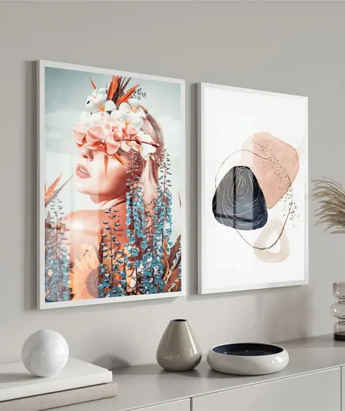 Kit 2 Quadros Decorativos Mulher Abstrato Com Moldura Vidro