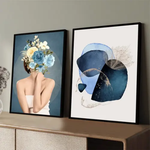 Kit 2 Quadros Decorativos Mulher Flor Abstrato Azul Moldura