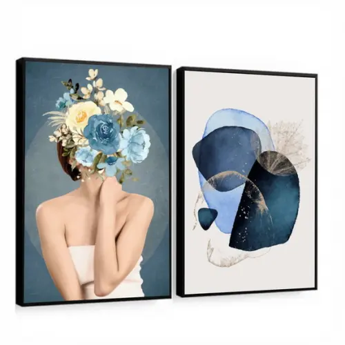 Kit 2 Quadros Decorativos Mulher Flor Abstrato Azul Moldura
