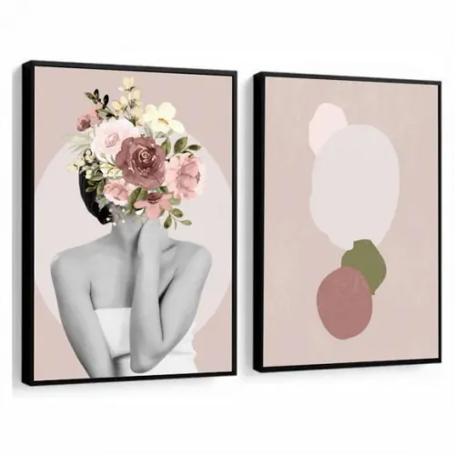 Kit 2 Quadros Decorativos Mulher Flor Abstrato Rosa Moldura