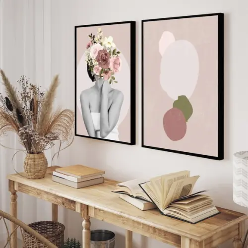 Kit 2 Quadros Decorativos Mulher Flor Abstrato Rosa Moldura