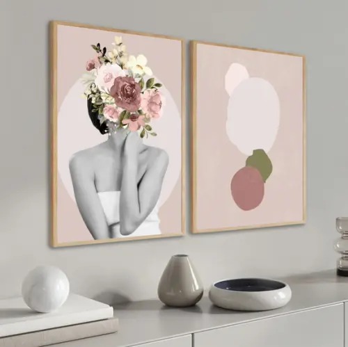 Kit 2 Quadros Decorativos Mulher Flores Abstrato Com Moldura