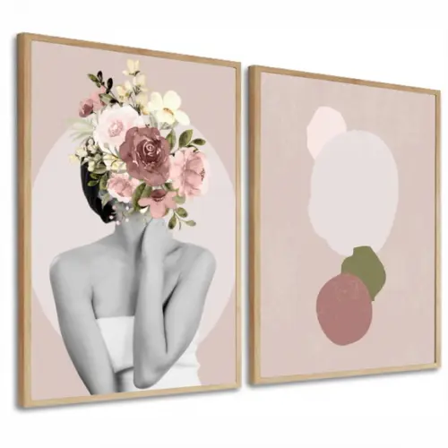 Kit 2 Quadros Decorativos Mulher Flores Abstrato Com Moldura