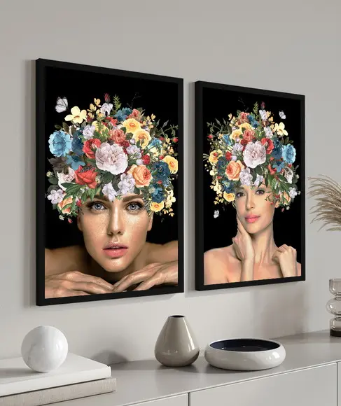 Kit 2 Quadros Decorativos Mulher Flores Coloridas Moldura