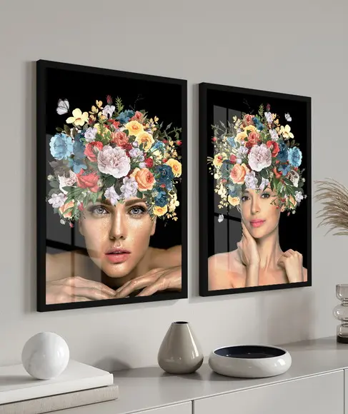 Kit 2 Quadros Decorativos Mulher Flores Com Moldura E Vidro