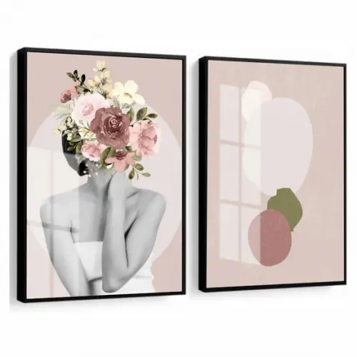 Kit 2 Quadros Decorativos Mulher Flores Rosa Moldura E Vidro