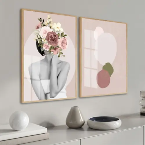 Kit 2 Quadros Decorativos Mulher Flores Rosa Moldura E Vidro