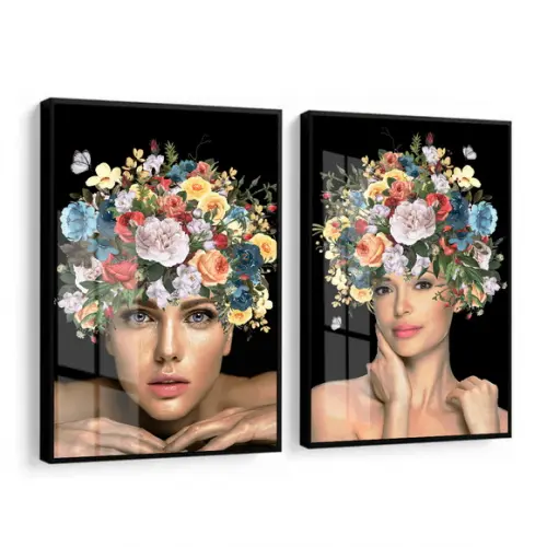 Kit 2 Quadros Decorativos Mulher Flores Com Moldura E Vidro