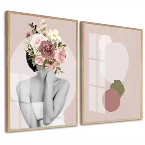 Kit 2 Quadros Decorativos Mulher Flores Rosa Moldura E Vidro