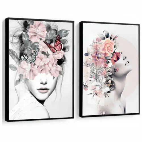 Kit 2 Quadros Decorativos Mulheres Flores Com Moldura Vidro