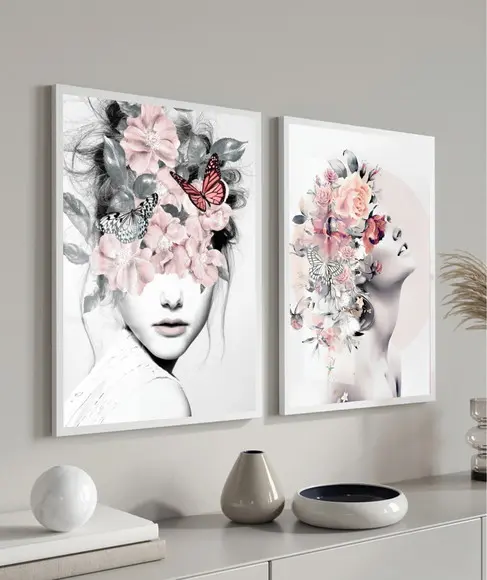 Kit 2 Quadros Decorativos Mulheres Flores Rosa Moldura Vidro