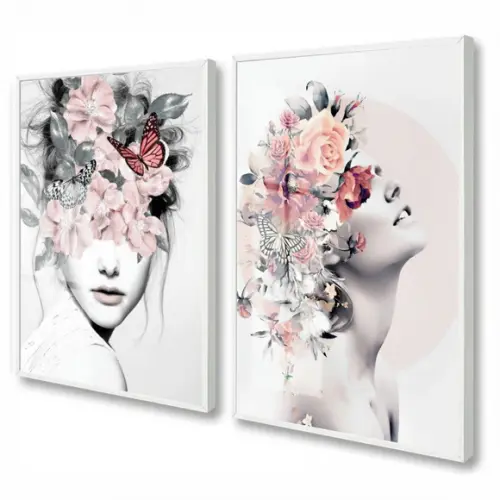 Kit 2 Quadros Decorativos Mulheres Flores Rosa Moldura Vidro