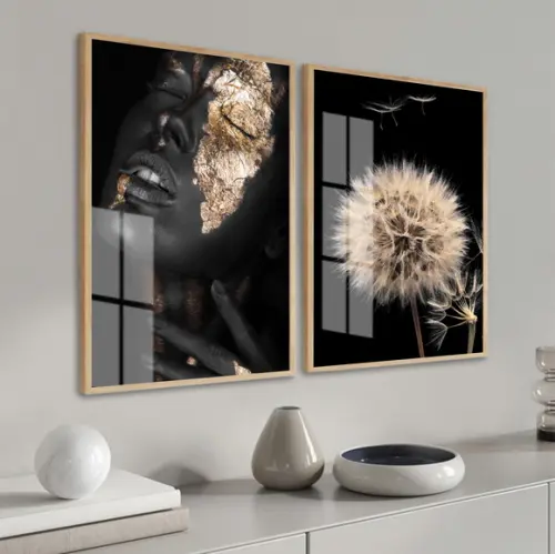 Kit 2 Quadros Decorativos Mulheres Negras Flor Moldura Vidro