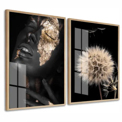 Kit 2 Quadros Decorativos Mulheres Negras Flor Moldura Vidro