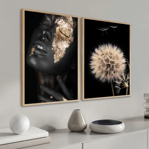 Kit 2 Quadros Decorativos Mulheres Negras Flores Com Moldura