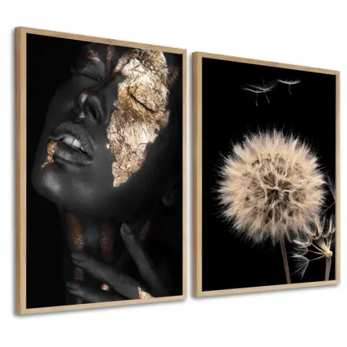 Kit 2 Quadros Decorativos Mulheres Negras Flores Com Moldura