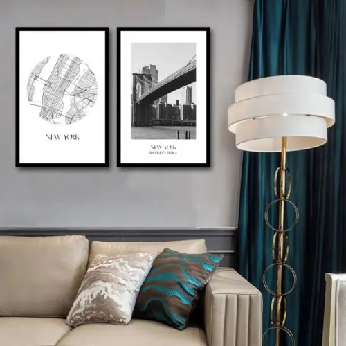 Kit 2 Quadros Decorativos Nova York Cidade Brooklyn Moldura