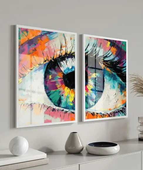Kit 2 Quadros Decorativos Olho Colorido Com Moldura e Vidro