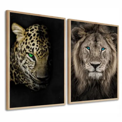 Kit 2 Quadros Decorativos Onça Pintada Leão Animais Moldura