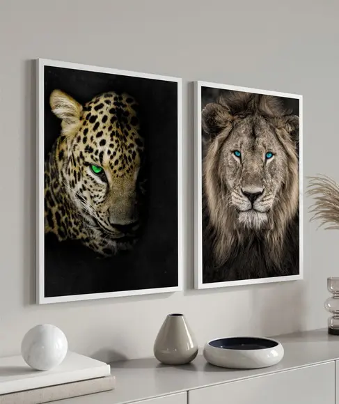 Kit 2 Quadros Decorativos Onça Pintada Leão Animais Moldura