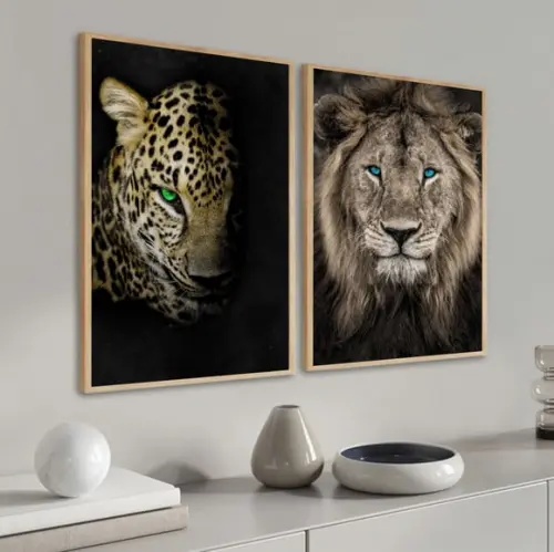Kit 2 Quadros Decorativos Onça Pintada Leão Animais Moldura