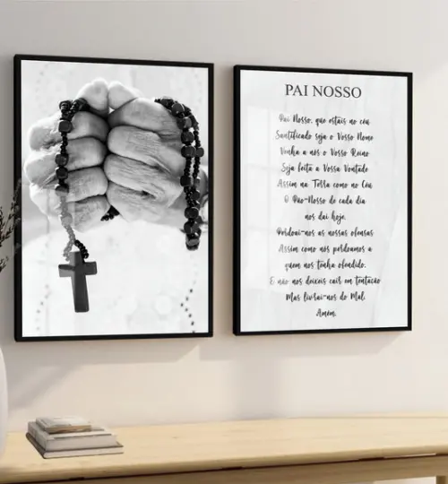 Kit 2 Quadros Decorativos Oração Pai Nosso Moldura e Vidros