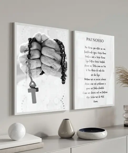 Kit 2 Quadros Decorativos Pai Nosso Oração Moldura e Vidros