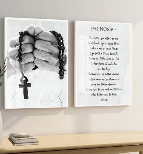 Kit 2 Quadros Decorativos Pai Nosso Oração Moldura e Vidros