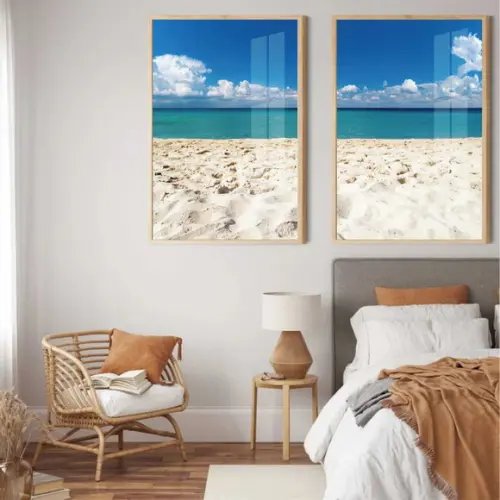 Kit 2 Quadros Decorativos Paisagem Mar Azul Moldura e Vidro