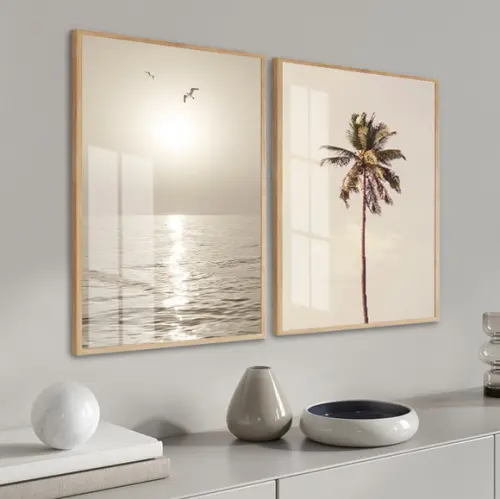 Kit 2 Quadros Decorativos Paisagem Mar com Moldura e Vidro