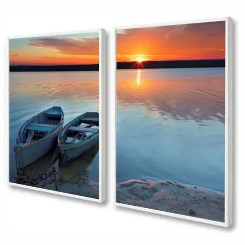 Kit 2 Quadros Decorativos Paisagem Pôr Do Sol Barcos Moldura