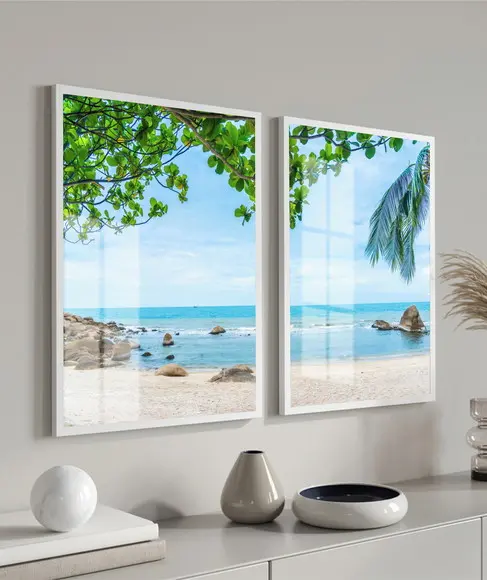 Kit 2 Quadros Decorativos Paisagem Praia Mar Moldura e Vidro
