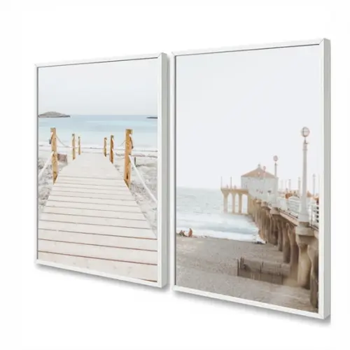 Kit 2 Quadros Decorativos Paisagem Praia Mar Com Moldura