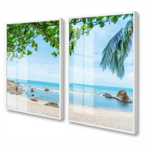 Kit 2 Quadros Decorativos Paisagem Praia Mar Moldura e Vidro