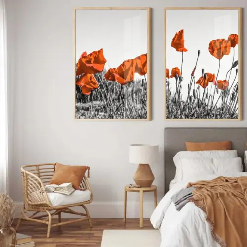 Kit 2 Quadros Decorativos Papoulas Vermelhas Moldura e Vidro
